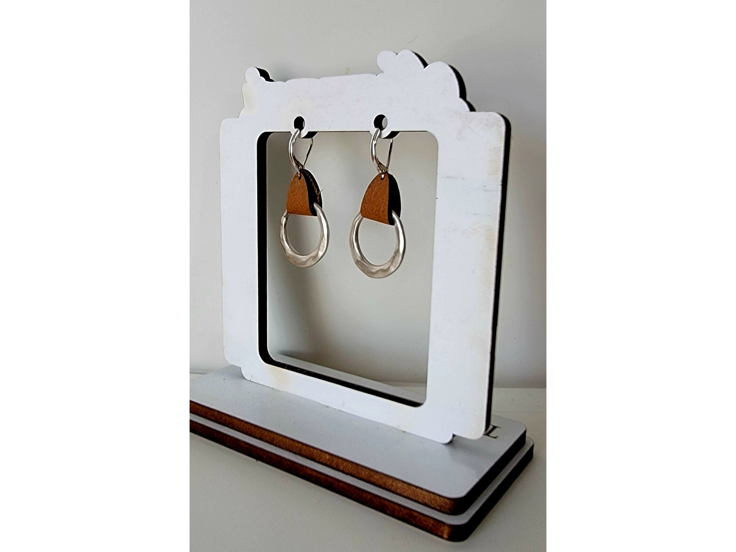 Hammered Hoop Dangly Earrings, Brown Leather Jewelry, 3rd Anniversary Gift for Wife