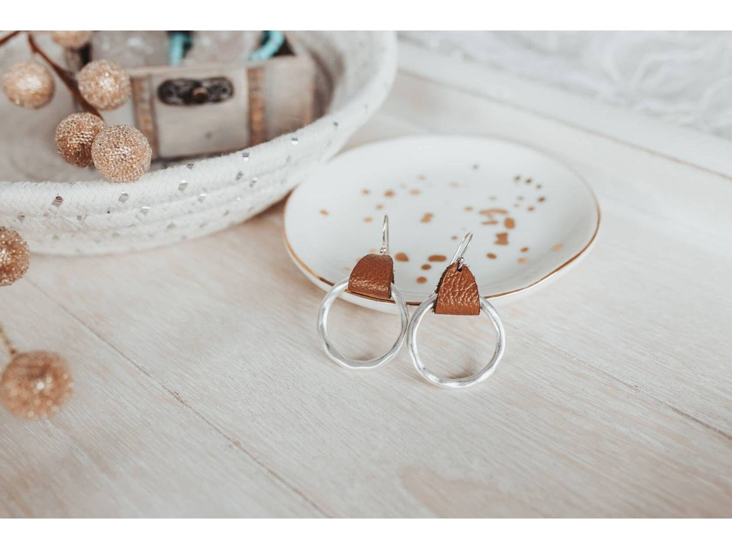 Rustic Genuine Leather hammered metal Hoop Earrings, Mother's day gift of Bohemian style earrings from son