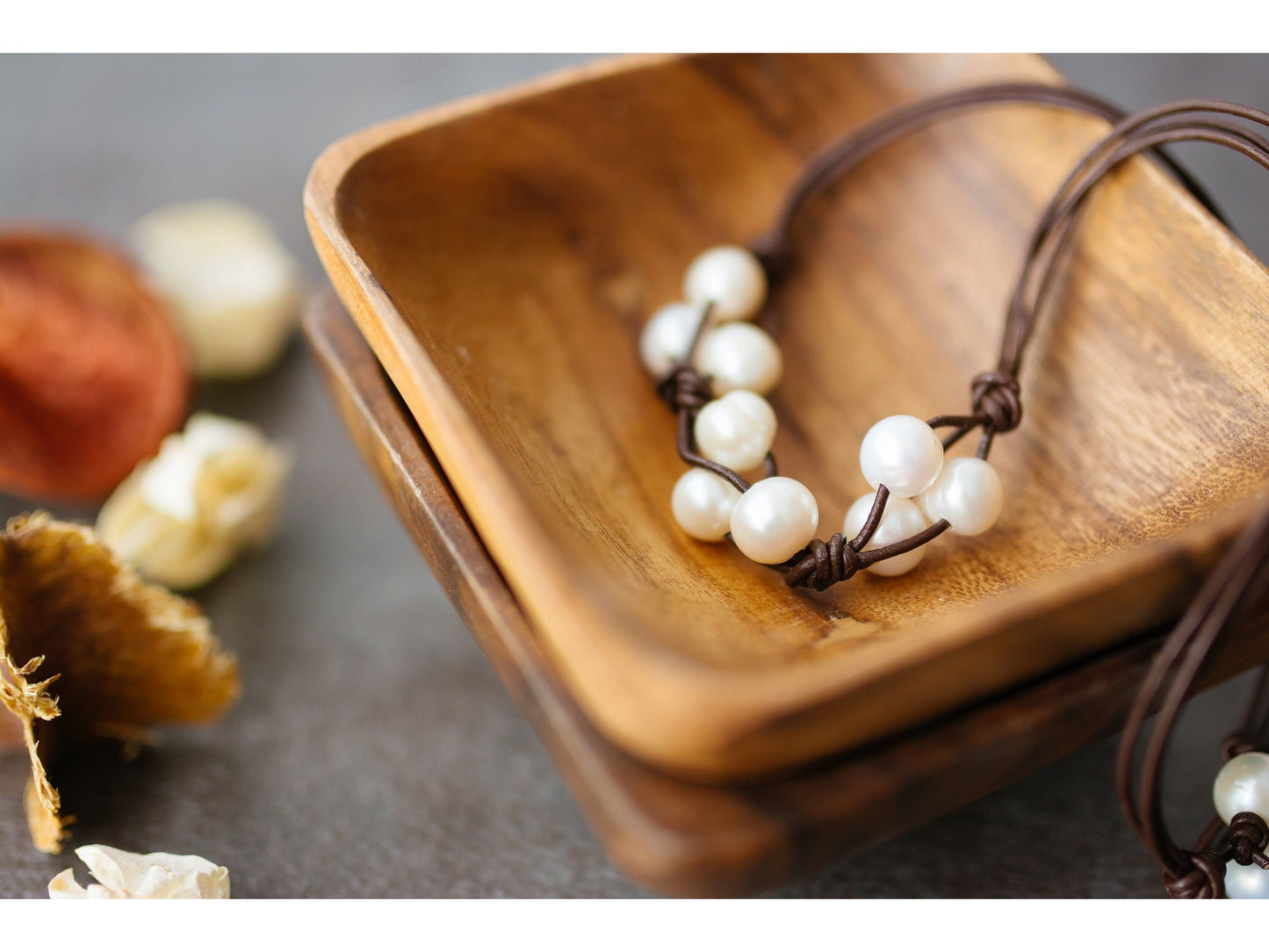 Leather and Pearl Cluster necklace, 3rd anniversary gift for wife, 3 strand knotted pearl leather necklace,