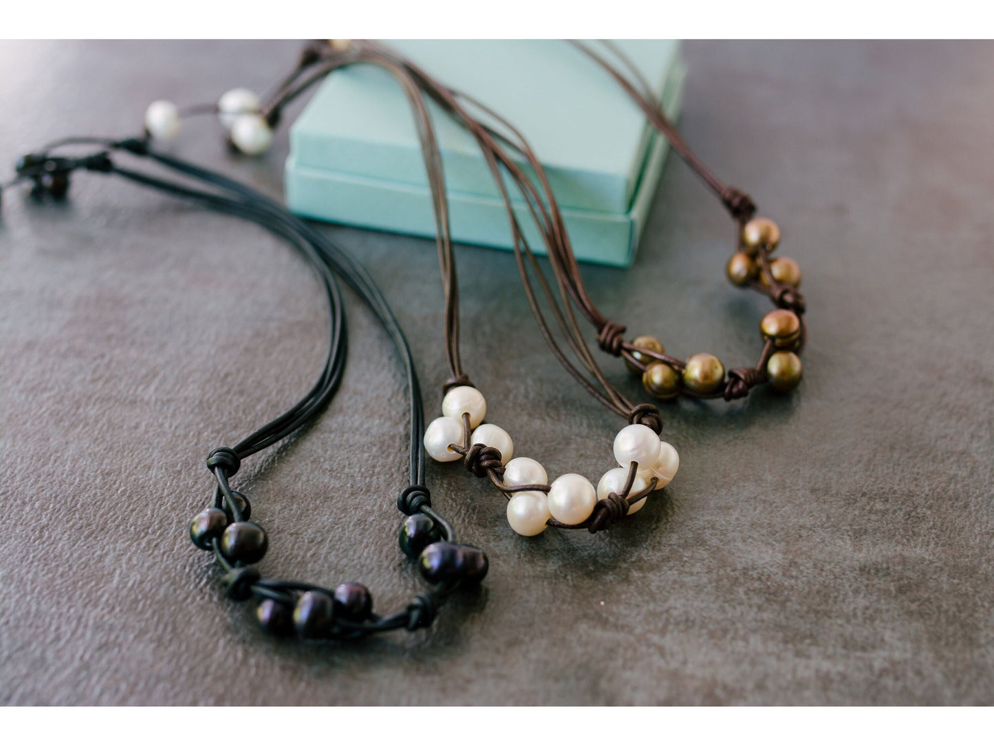 Leather and Pearl Cluster necklace, 3rd anniversary gift for wife, 3 strand knotted pearl leather necklace,