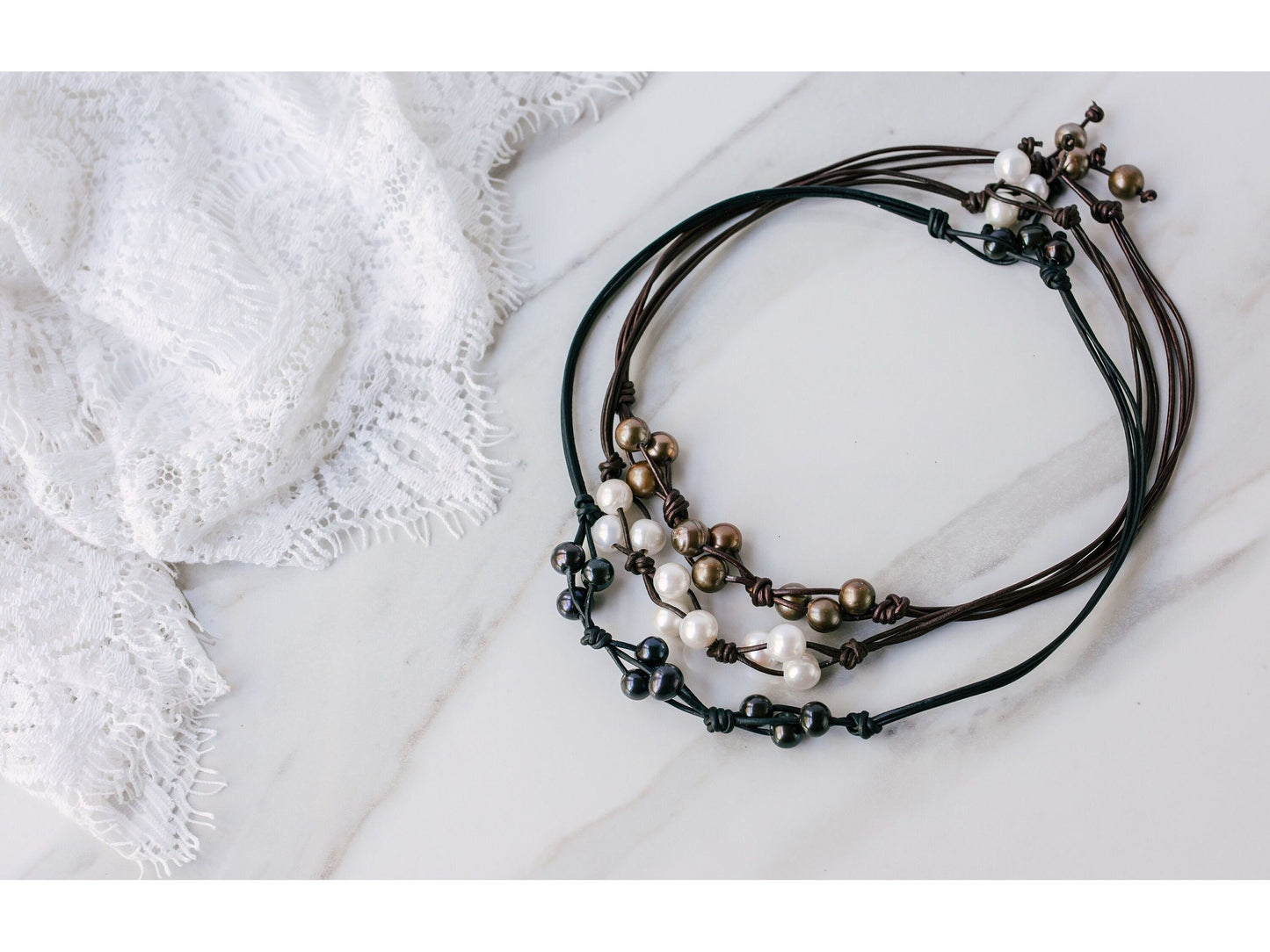 Leather and Pearl Cluster necklace, 3rd anniversary gift for wife, 3 strand knotted pearl leather necklace,