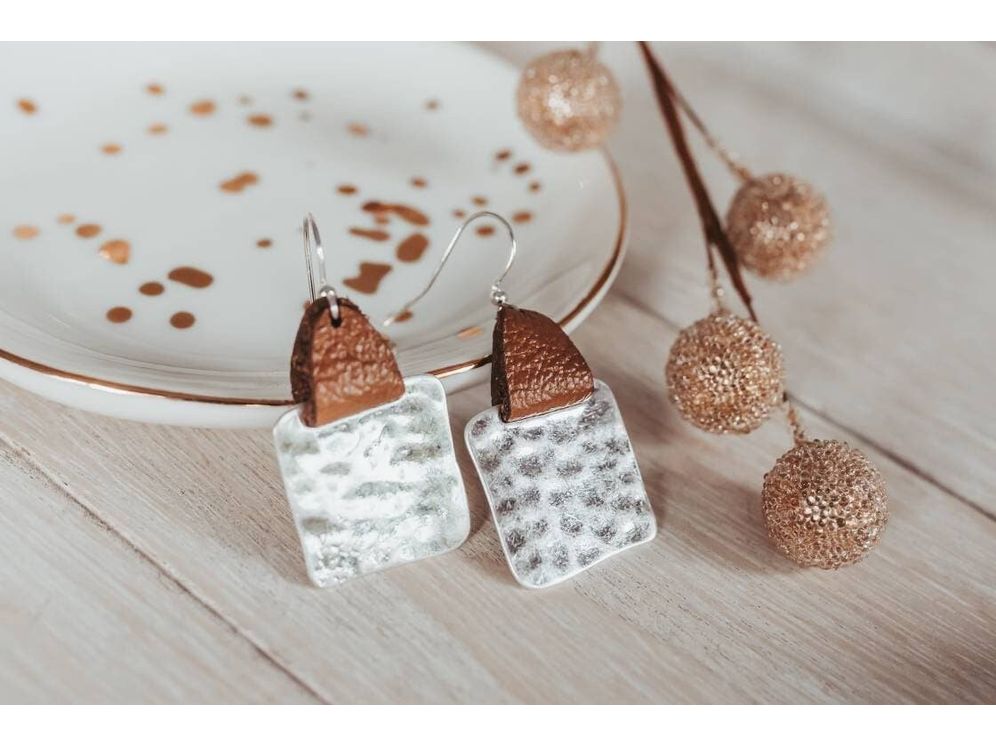 Mother's Day gift from kids, Leather strap Hammered square earrings,