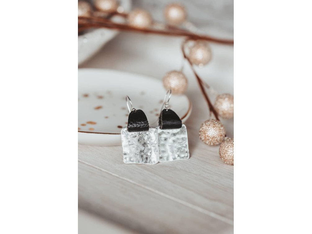 Mother's Day gift from kids, Leather strap Hammered square earrings,