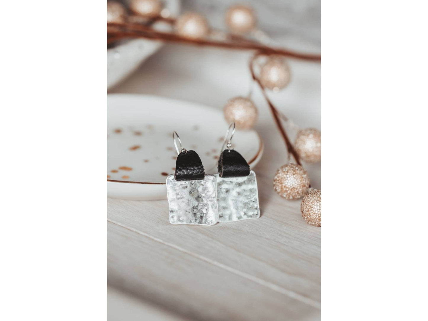 Mother's Day gift from kids, Leather strap Hammered square earrings,