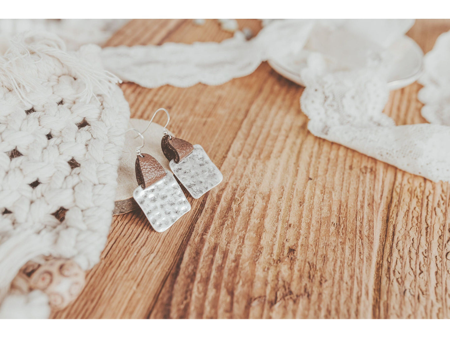 Mother's Day gift from kids, Leather strap Hammered square earrings,