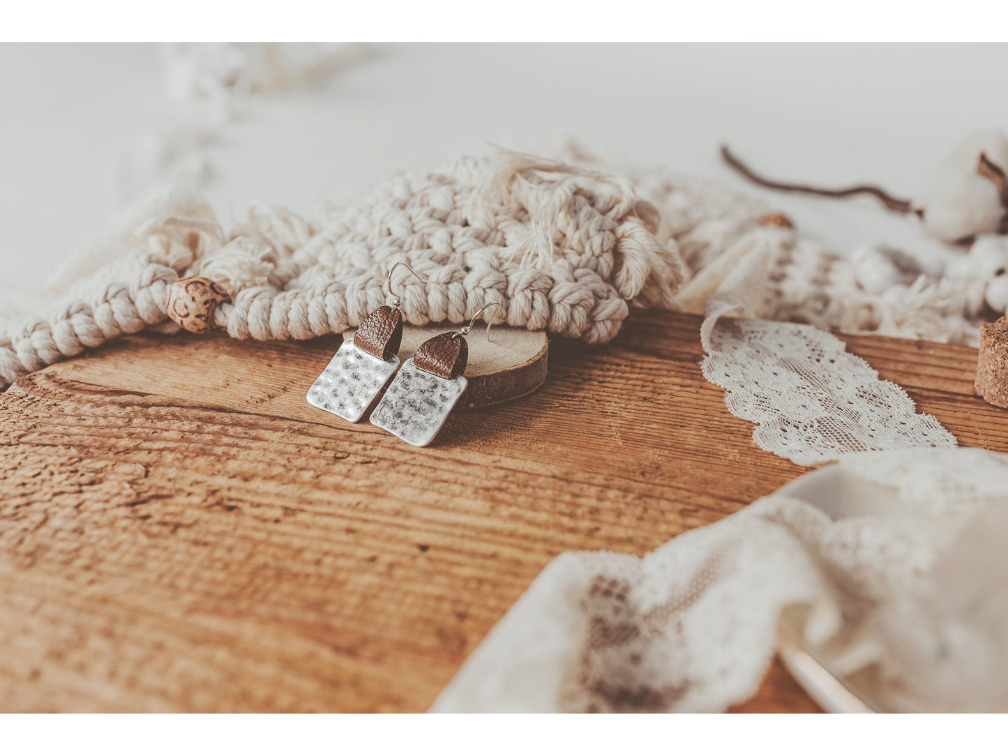 Mother's Day gift from kids, Leather strap Hammered square earrings,