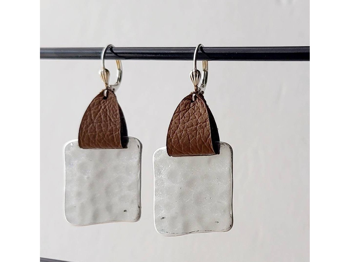 Mother's Day gift from kids, Leather strap Hammered square earrings,