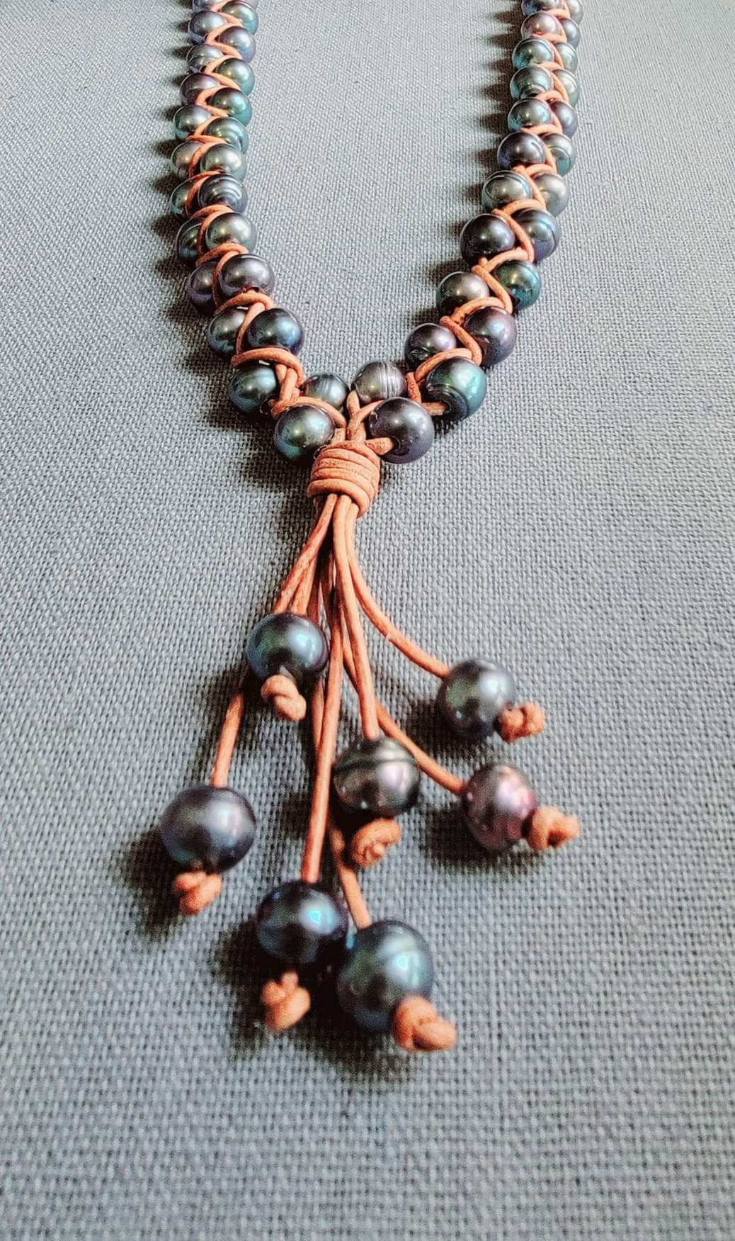 Braided Leather Necklace adorned with Peacock Pearls, 3rd Anniversary gift for wife