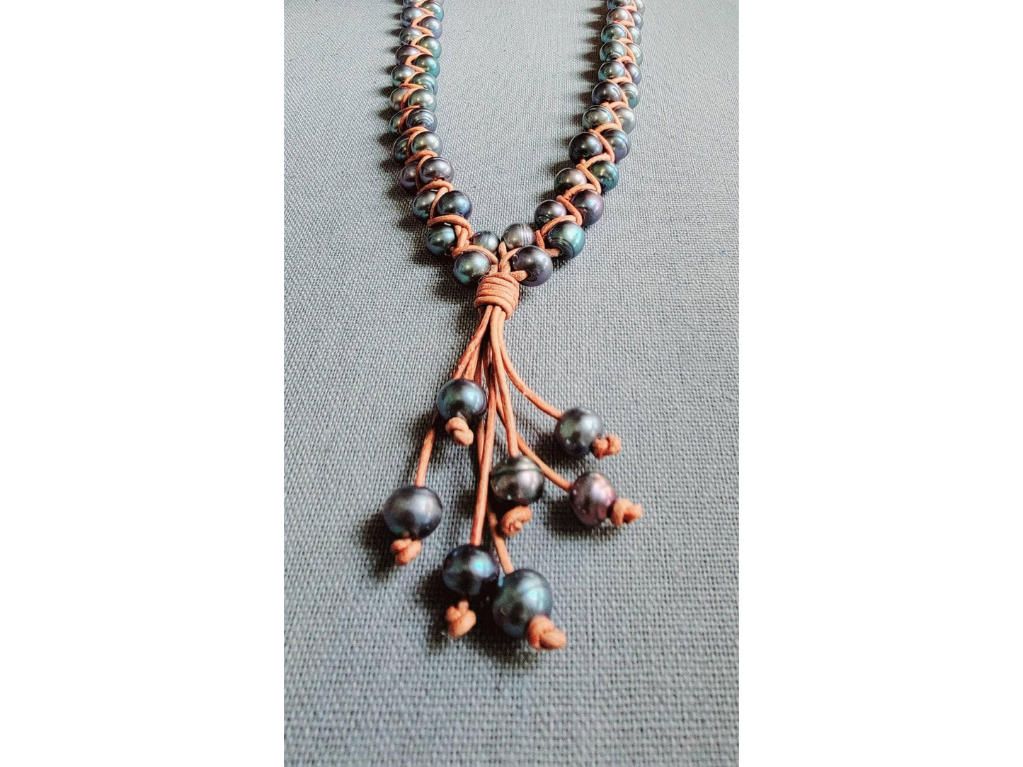Braided Leather Necklace adorned with Peacock Pearls, 3rd Anniversary gift for wife