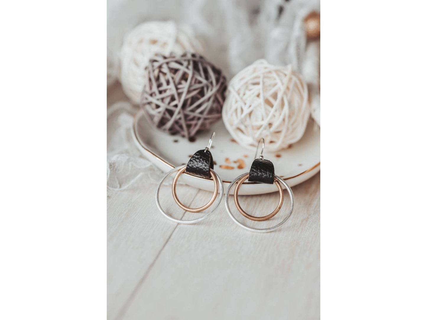 Double Hoop mixed metal leather Earrings, Mothers day gift