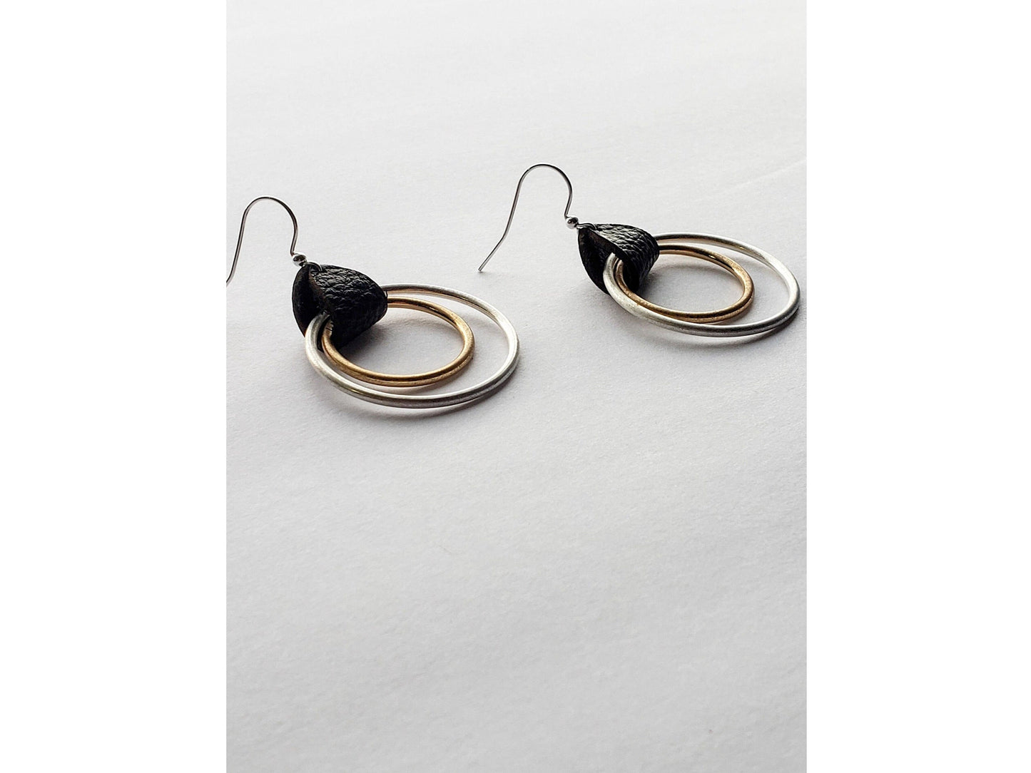Double Hoop mixed metal leather Earrings, Mothers day gift