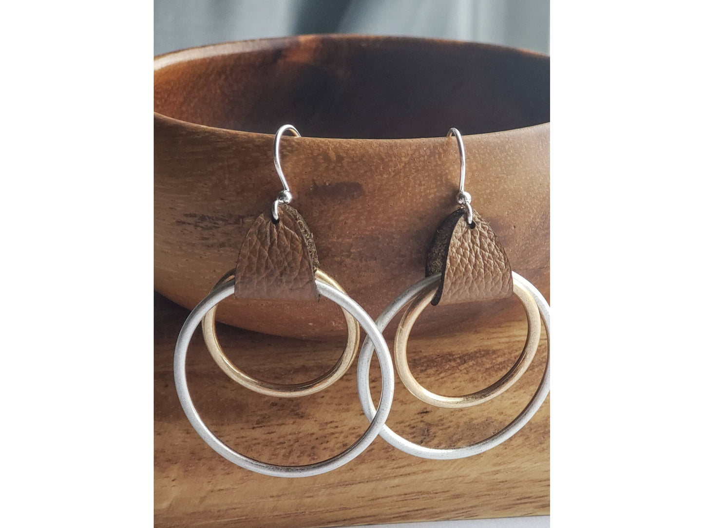 Double Hoop mixed metal leather Earrings, Mothers day gift