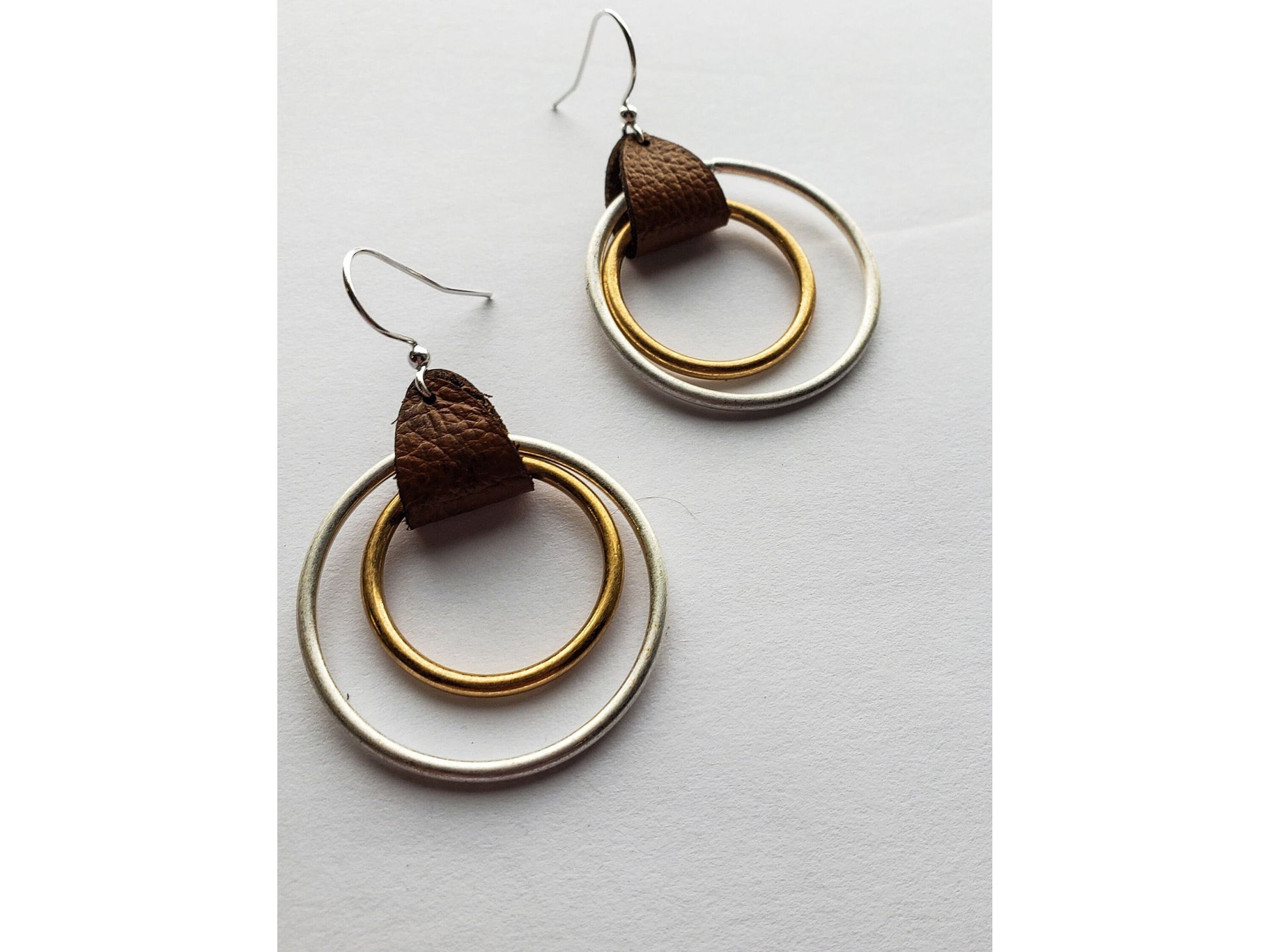 Double Hoop mixed metal leather Earrings, Mothers day gift