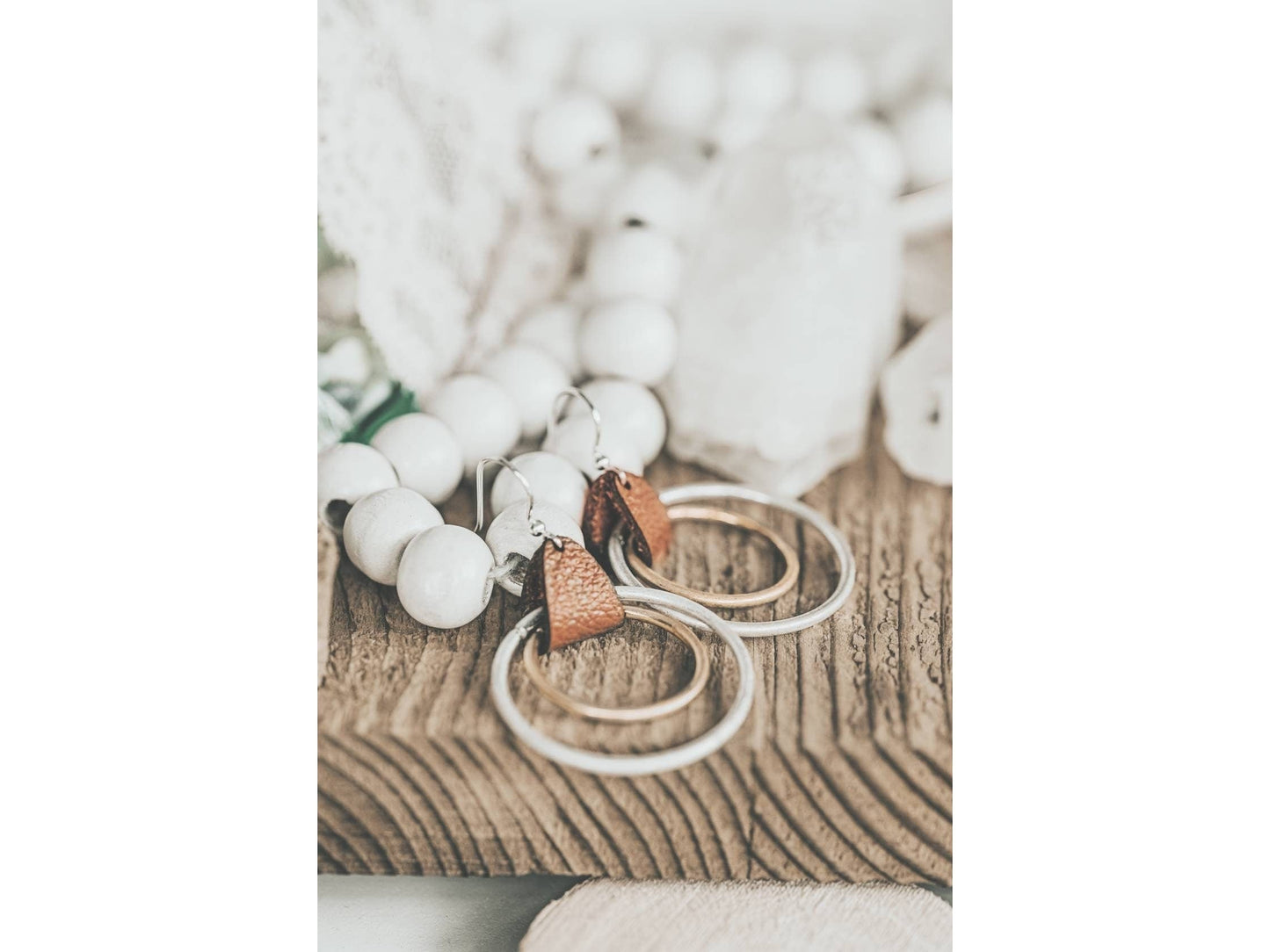 Double Hoop mixed metal leather Earrings, Mothers day gift