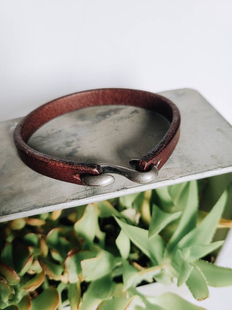 Unisex Cuff Leather Bracelet, S Hook Clasp, Father's Day gift from kids, 3rd anniversary couples gift