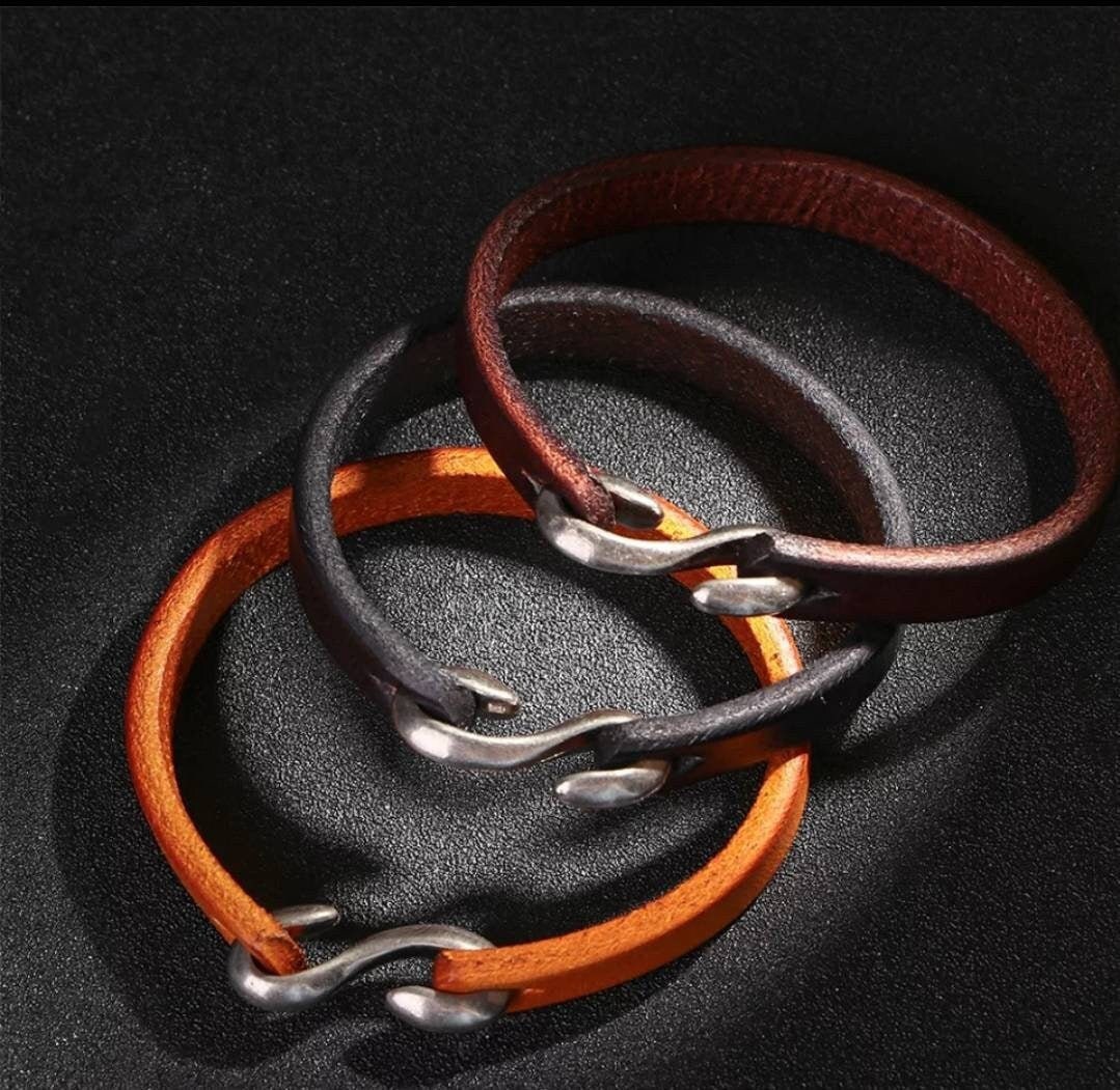 Unisex Cuff Leather Bracelet, S Hook Clasp, Father's Day gift from kids, 3rd anniversary couples gift