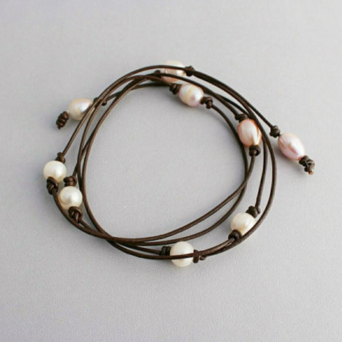 Long Leather Pearl wrap necklace, 3rd anniversary gift for women