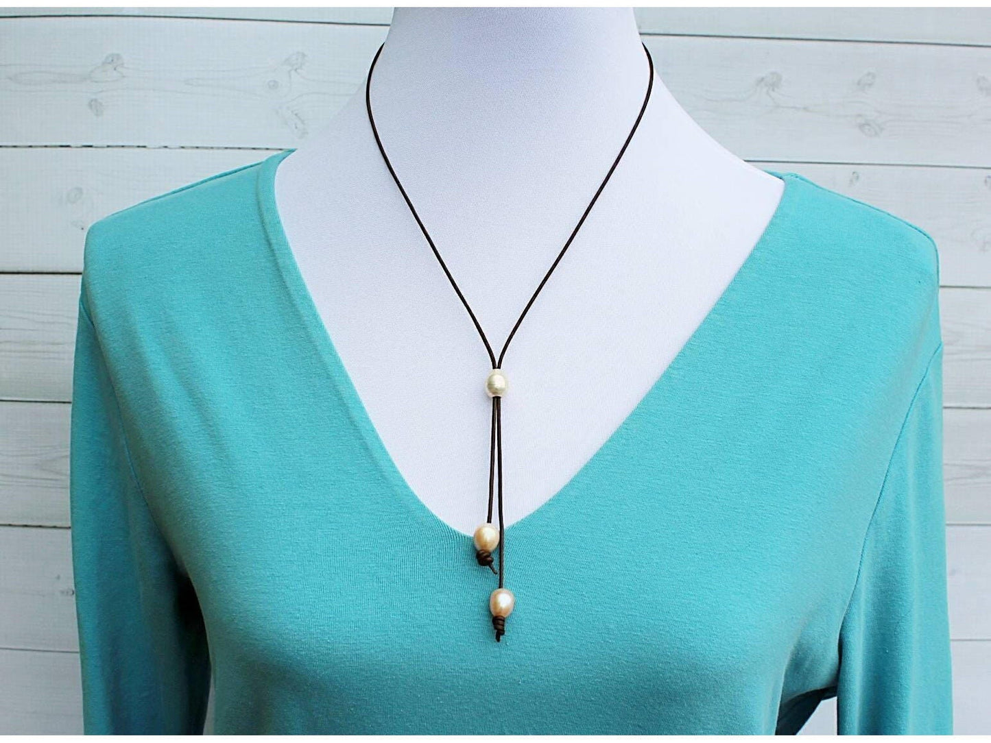 Valentine Day gift for wife, Leather pearl lariat slide necklace,
