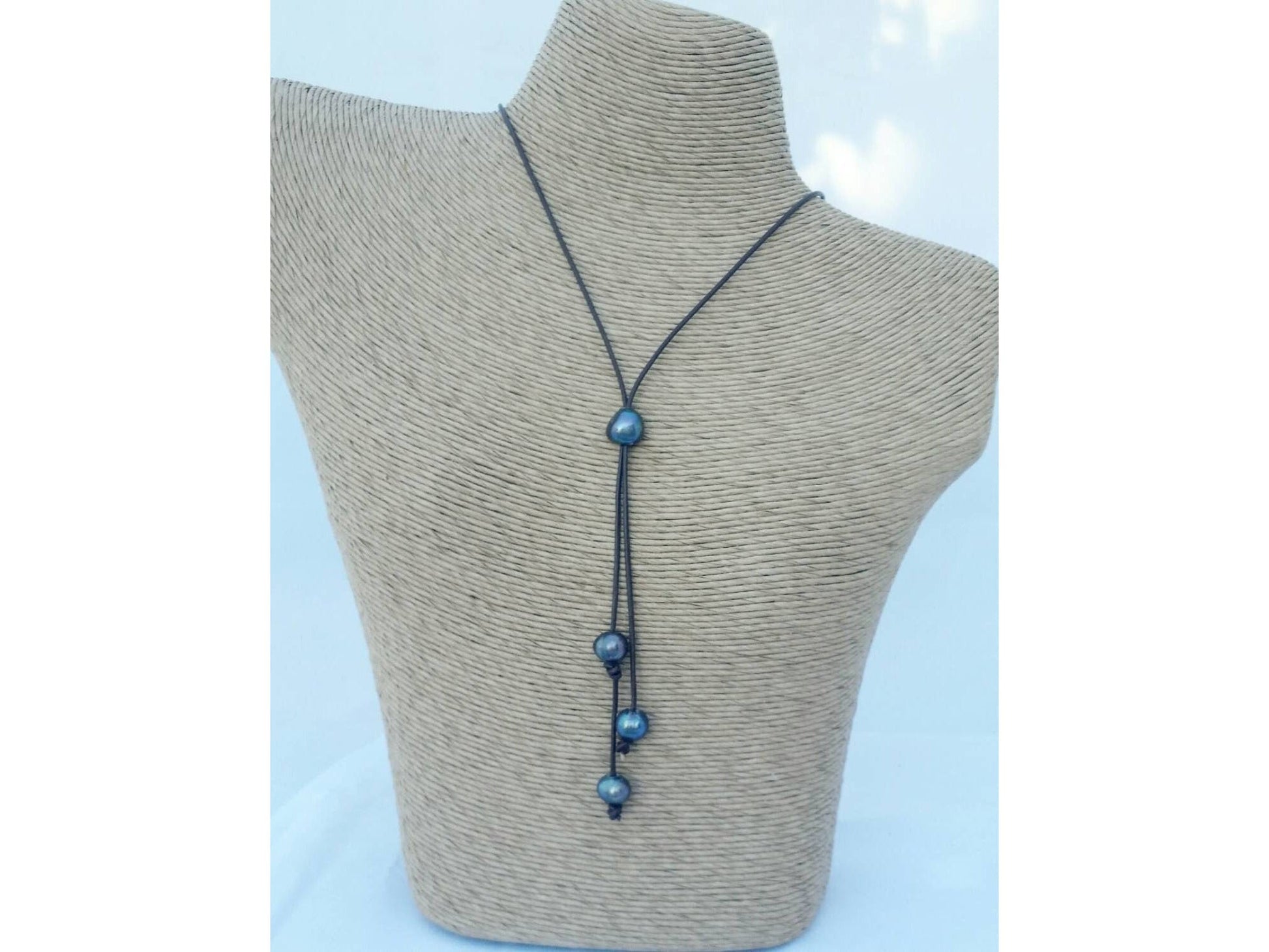 Valentine Day gift for wife, Leather pearl lariat slide necklace,