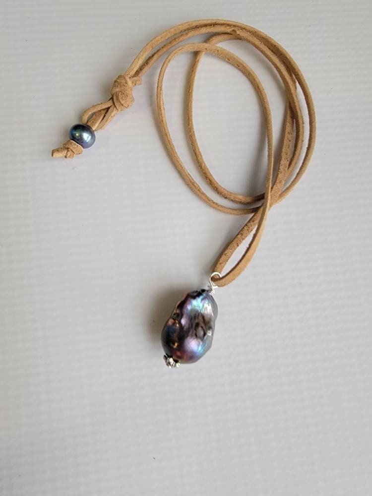 Peacock Baroque Flameball Pearl Pendant on Long Leather cord, Men's necklace