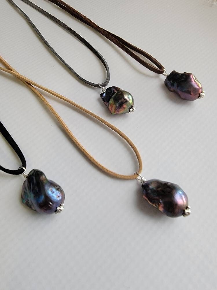Peacock Baroque Flameball Pearl Pendant on Long Leather cord, Men's necklace