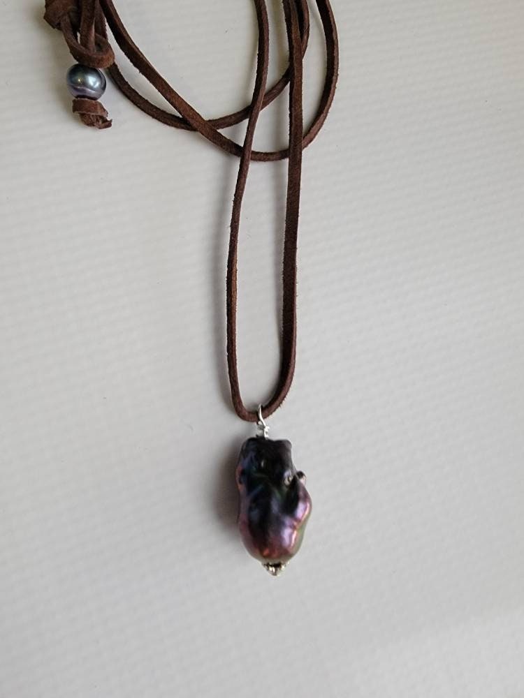 Peacock Baroque Flameball Pearl Pendant on Long Leather cord, Men's necklace