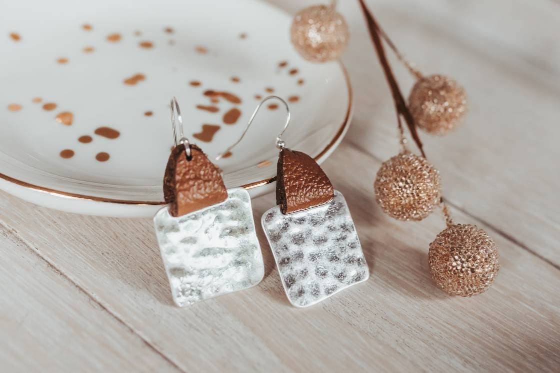 Hammered Square Earrings, 3rd Anniversary Gift of Leather Earrings for Her,
