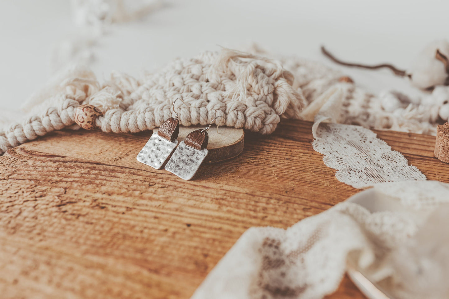 Hammered Square Earrings, 3rd Anniversary Gift of Leather Earrings for Her,