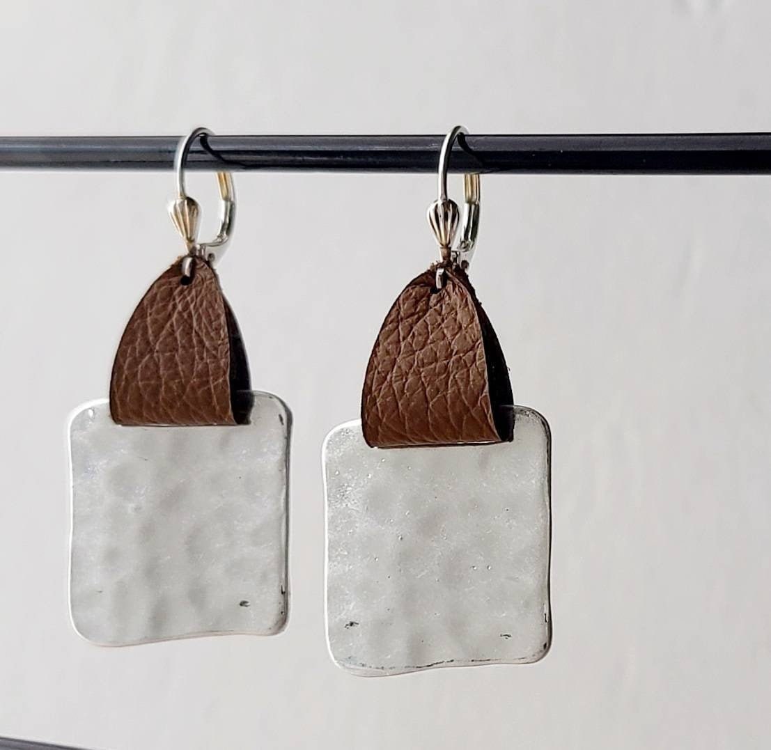 Hammered Square Earrings, 3rd Anniversary Gift of Leather Earrings for Her,