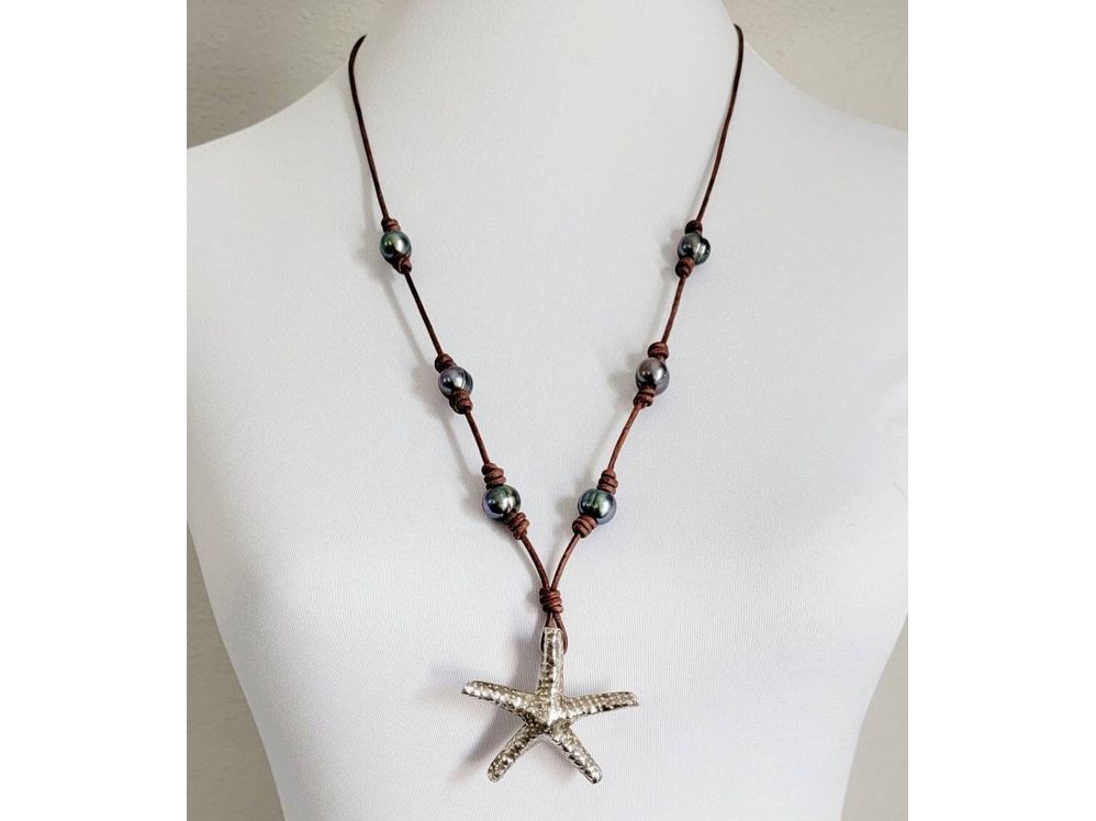 Leather Pearl Sterling Thai Silver Starfish adjustable necklace, Sea Star necklace, One of a kind pearl necklace