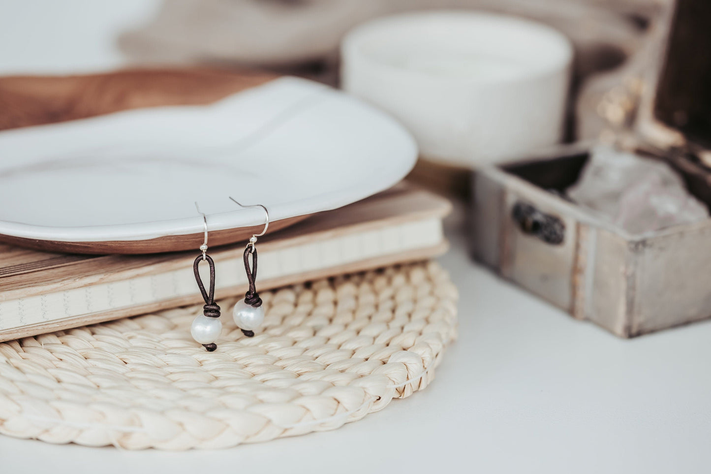 Leather pearl earring, 3rd anniversary gift for woman