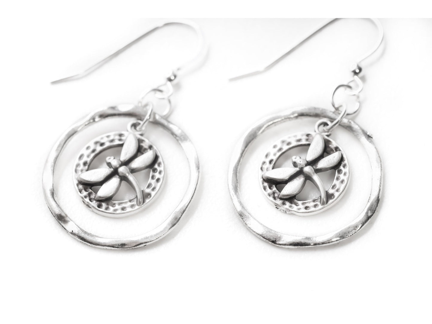 Silver Dragonfly hoop earrings, dragon fly inside hoop earring, Gift for mom from family
