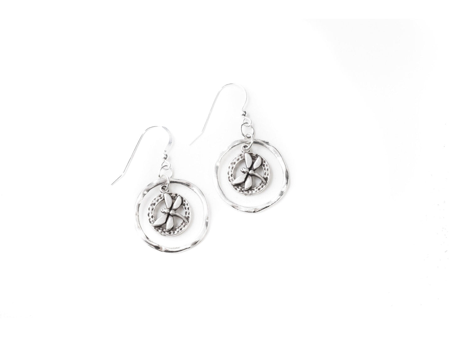 Silver Dragonfly hoop earrings, dragon fly inside hoop earring, Gift for mom from family