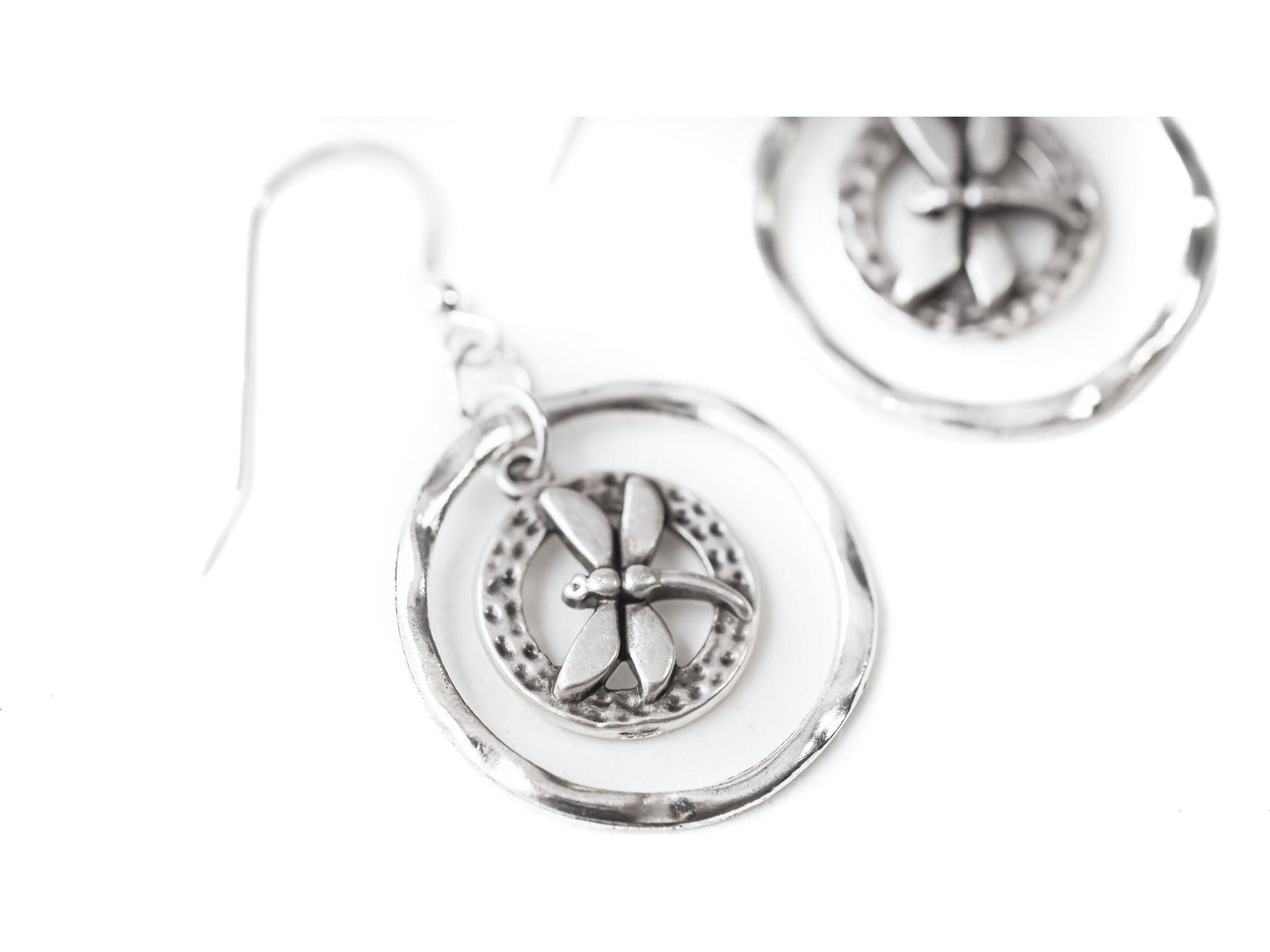 Silver Dragonfly hoop earrings, dragon fly inside hoop earring, Gift for mom from family
