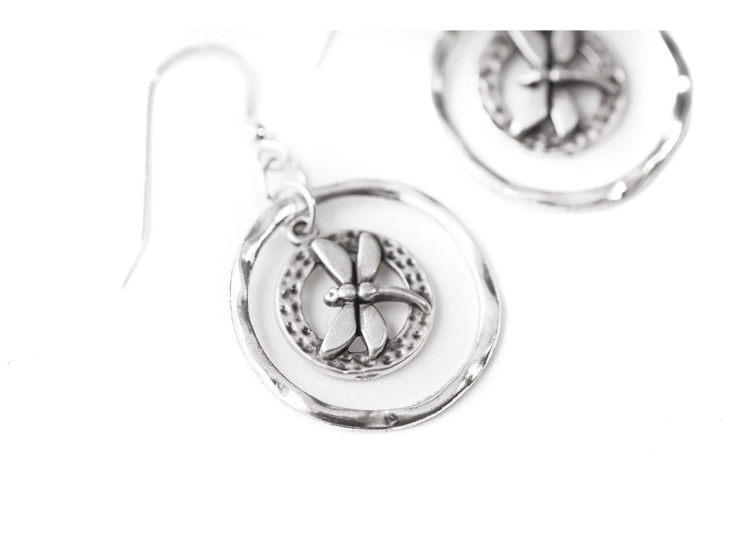 Silver Dragonfly hoop earrings, dragon fly inside hoop earring, Gift for mom from family