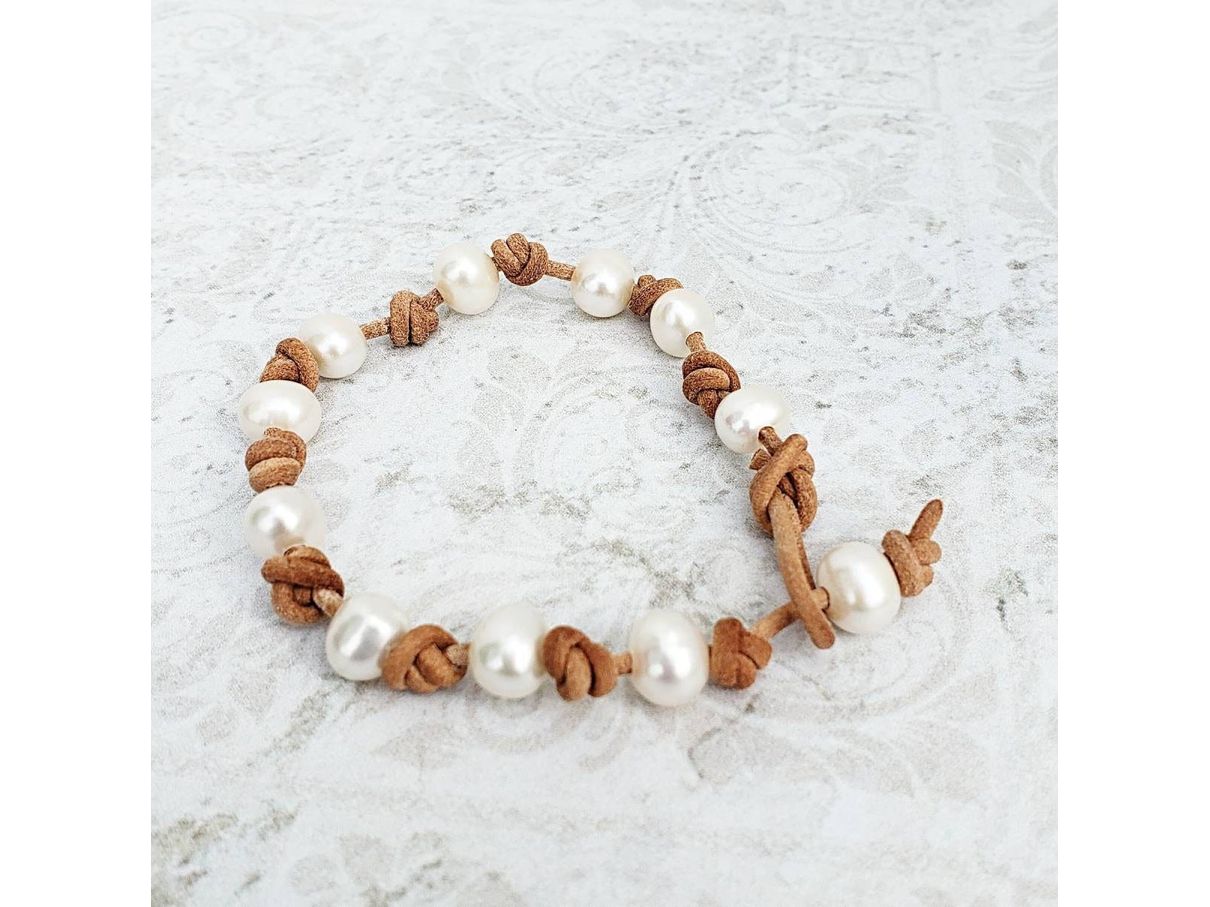 Leather Pearl Bracelet, Coastal Grandmother style collection