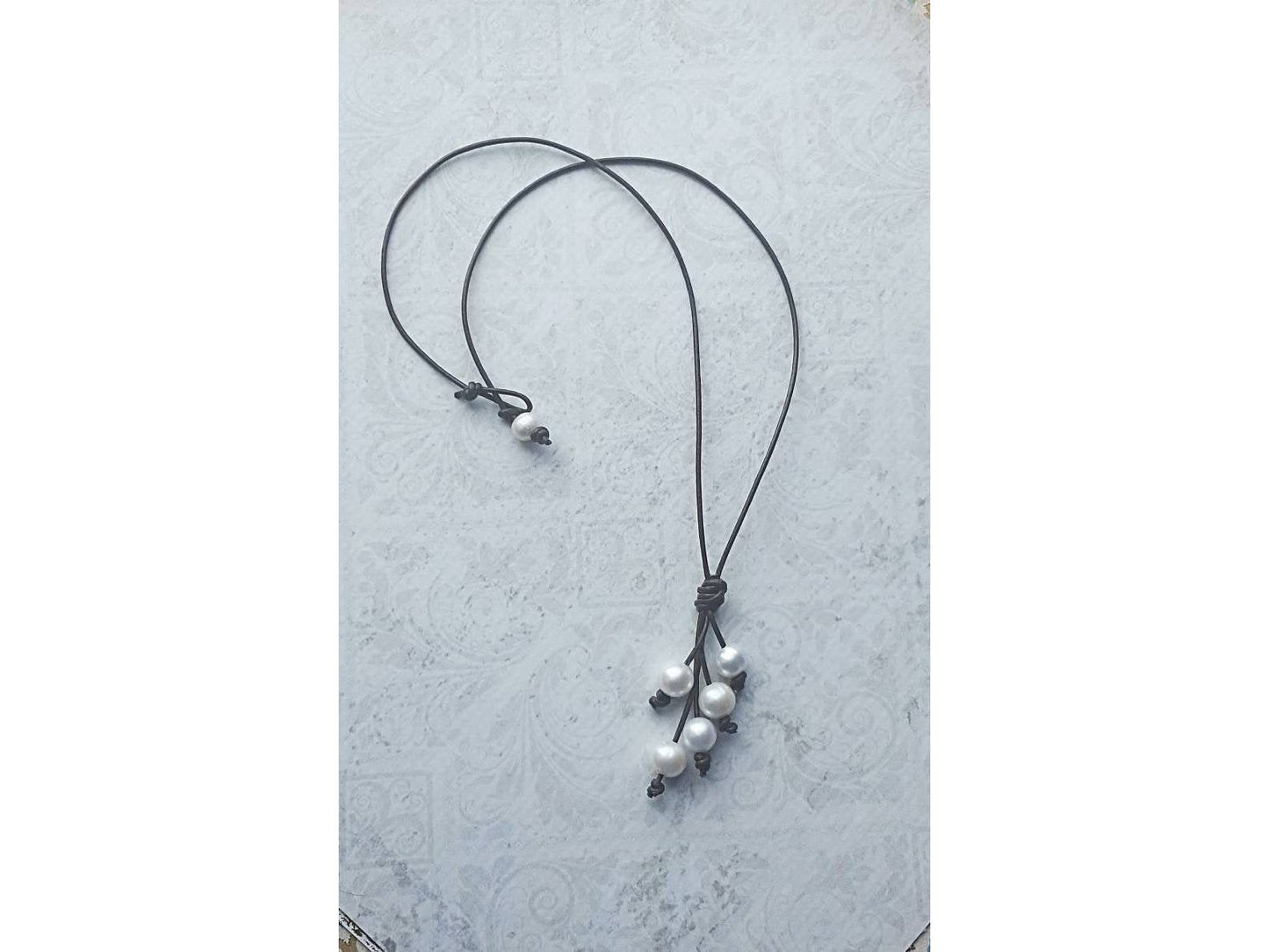 Leather Pearl Tassel Necklace, Pearl Y necklace,