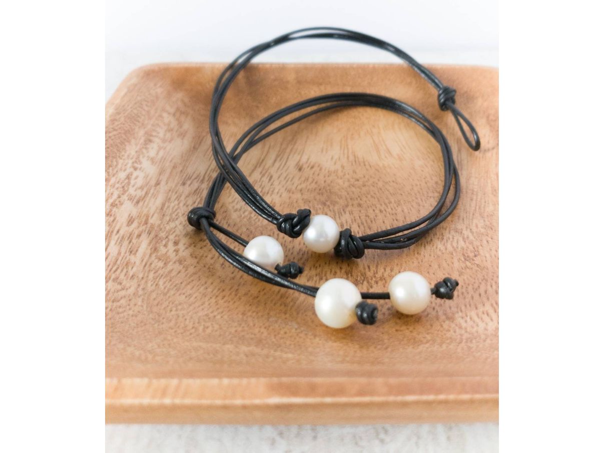 Convertible Triple Strand Leather White Real Pearl necklace, Coastal Grandmother Granddaughter style, Adjustable