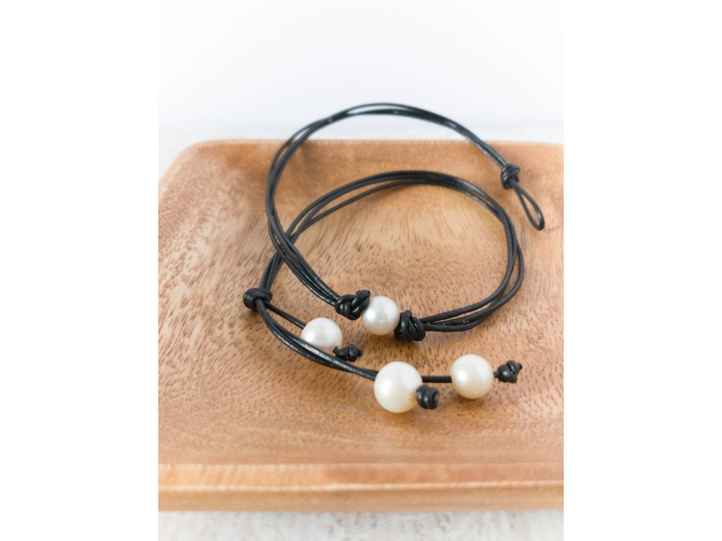 Convertible Triple Strand Leather White Real Pearl necklace, Coastal Grandmother Granddaughter style, Adjustable