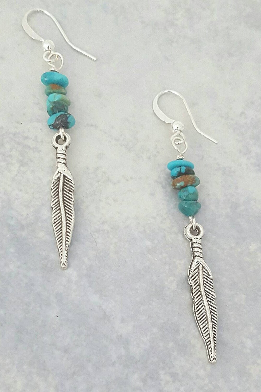 Turquoise Nugget and Silver Feather Dangle Earrings, Southwest style earring,