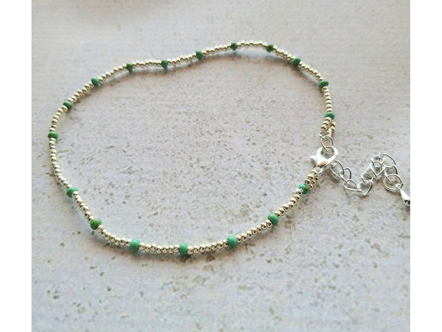 Beaded ankle bracelet, green and silver anklet, gift for best friend, Beaded cruise jewelry