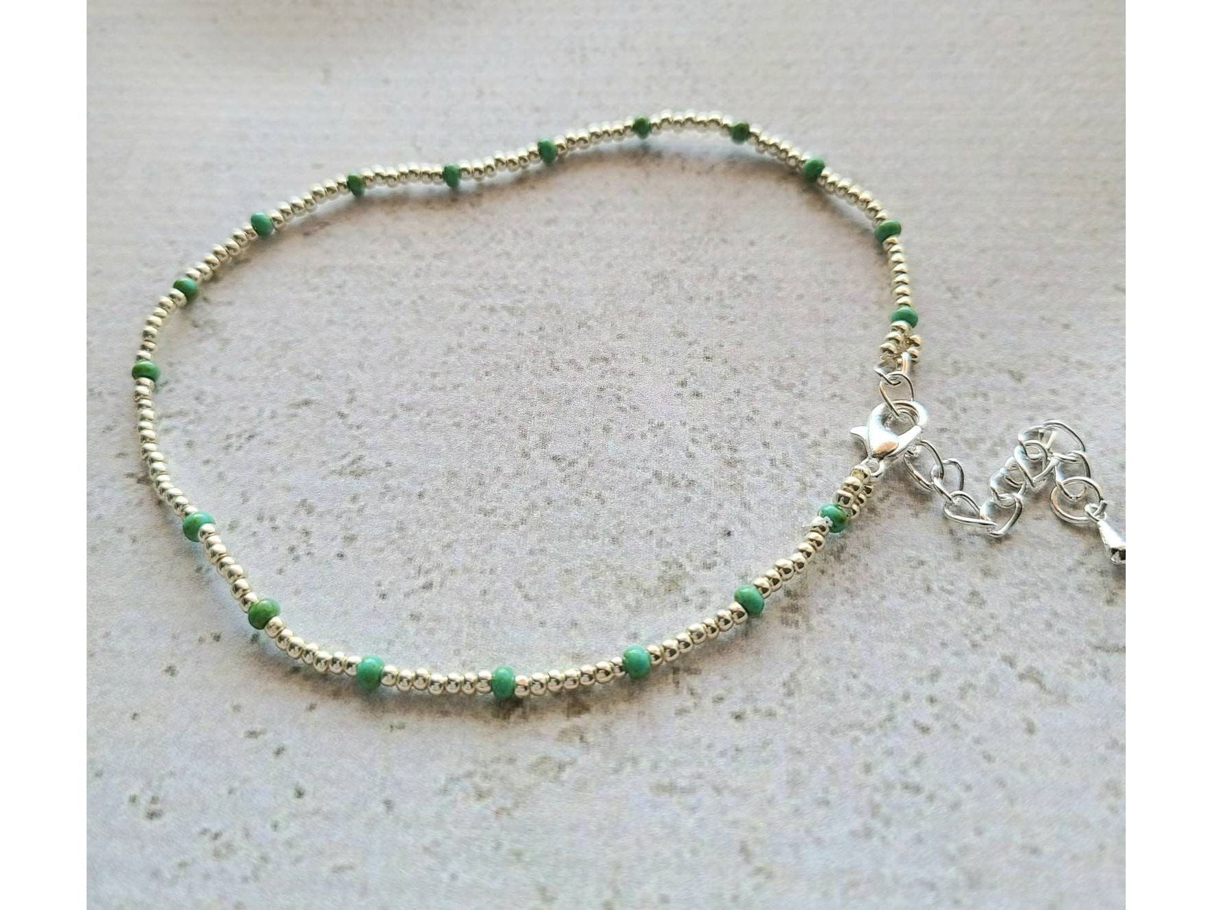 Beaded ankle bracelet, green and silver anklet, gift for best friend, Beaded cruise jewelry