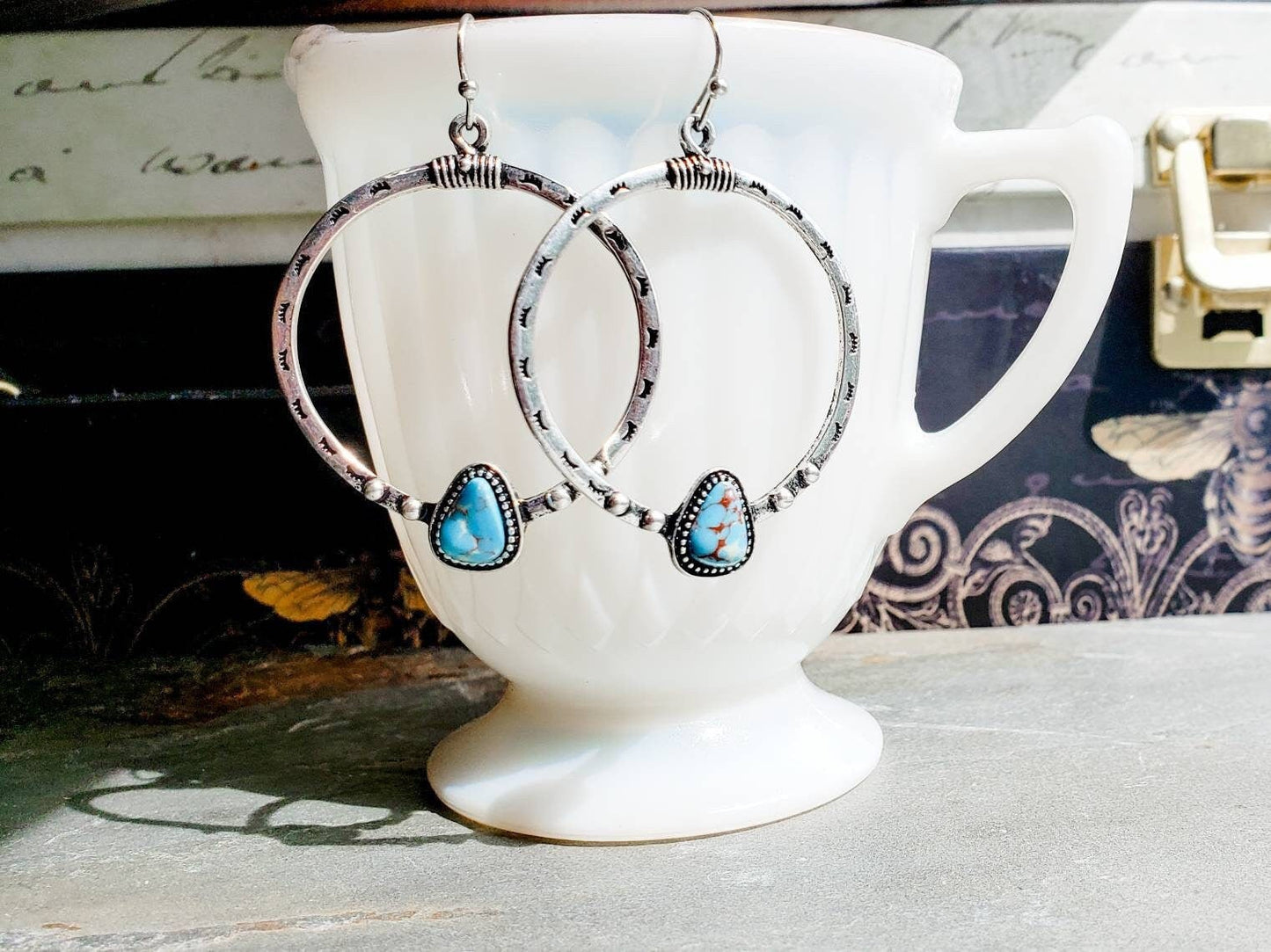 Turquoise green nugget on silver hoops, southwest style earrings