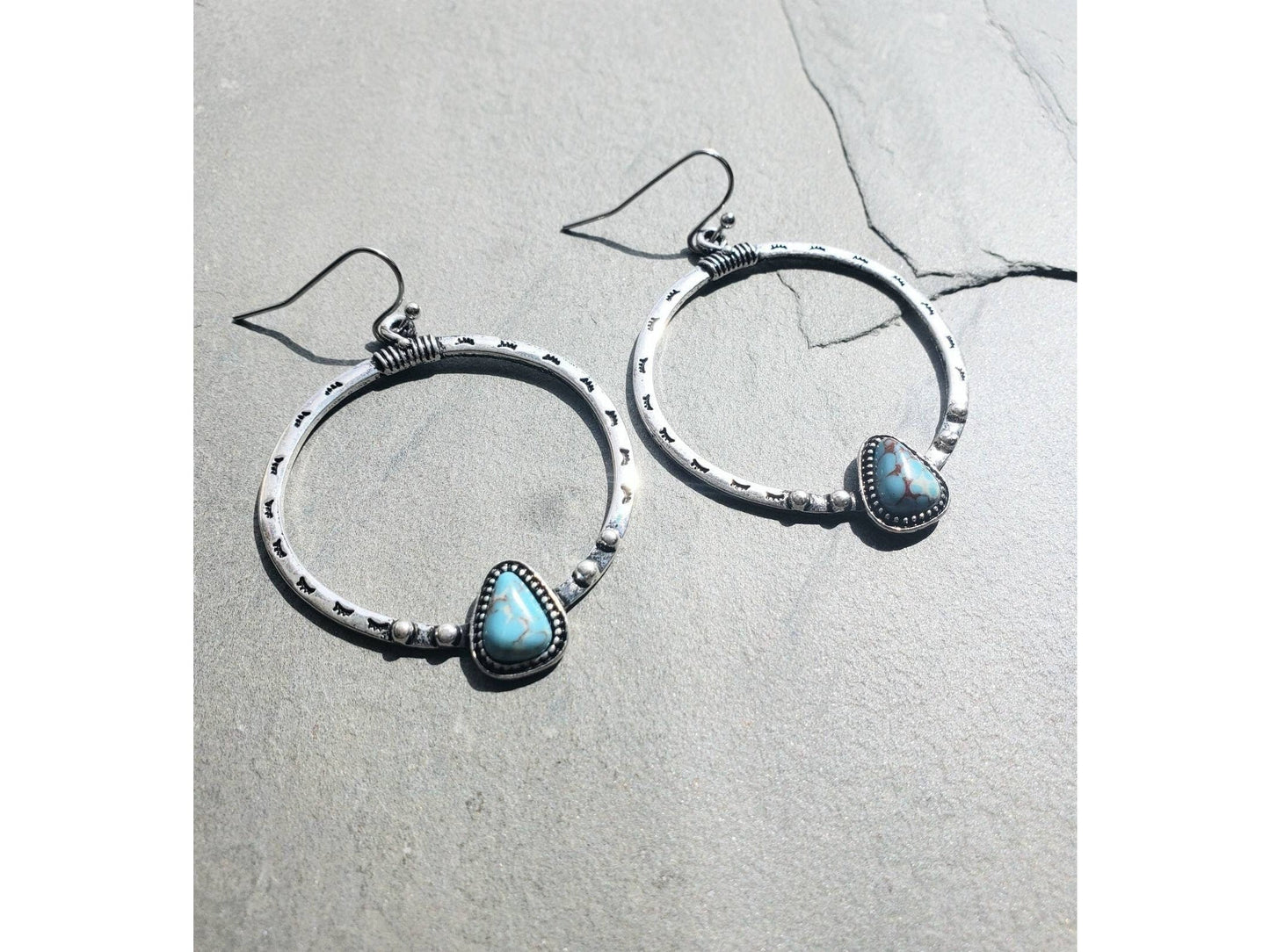 Turquoise green nugget on silver hoops, southwest style earrings