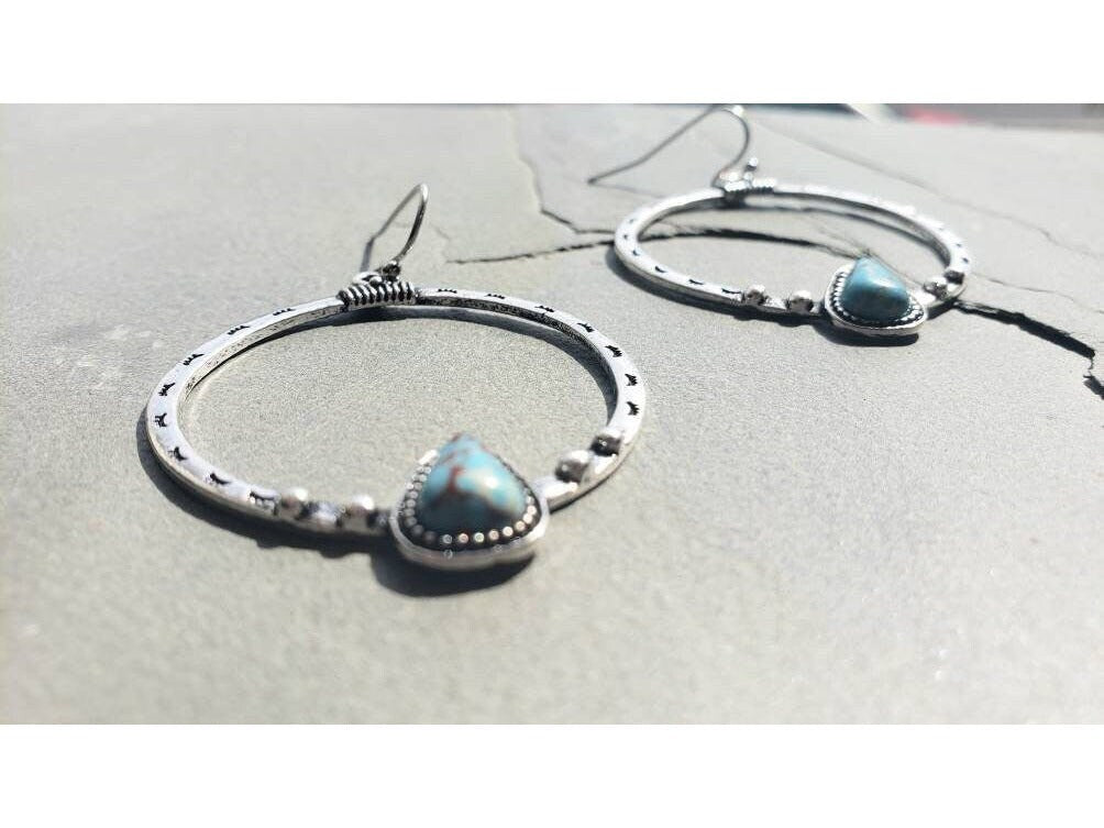 Turquoise green nugget on silver hoops, southwest style earrings