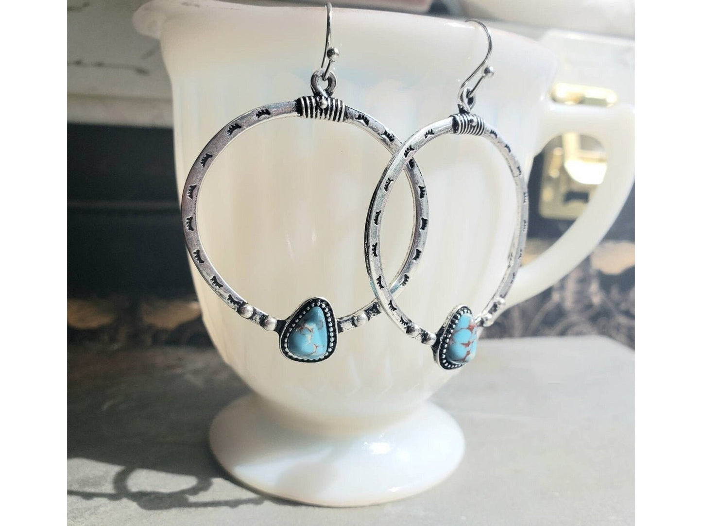 Turquoise green nugget on silver hoops, southwest style earrings