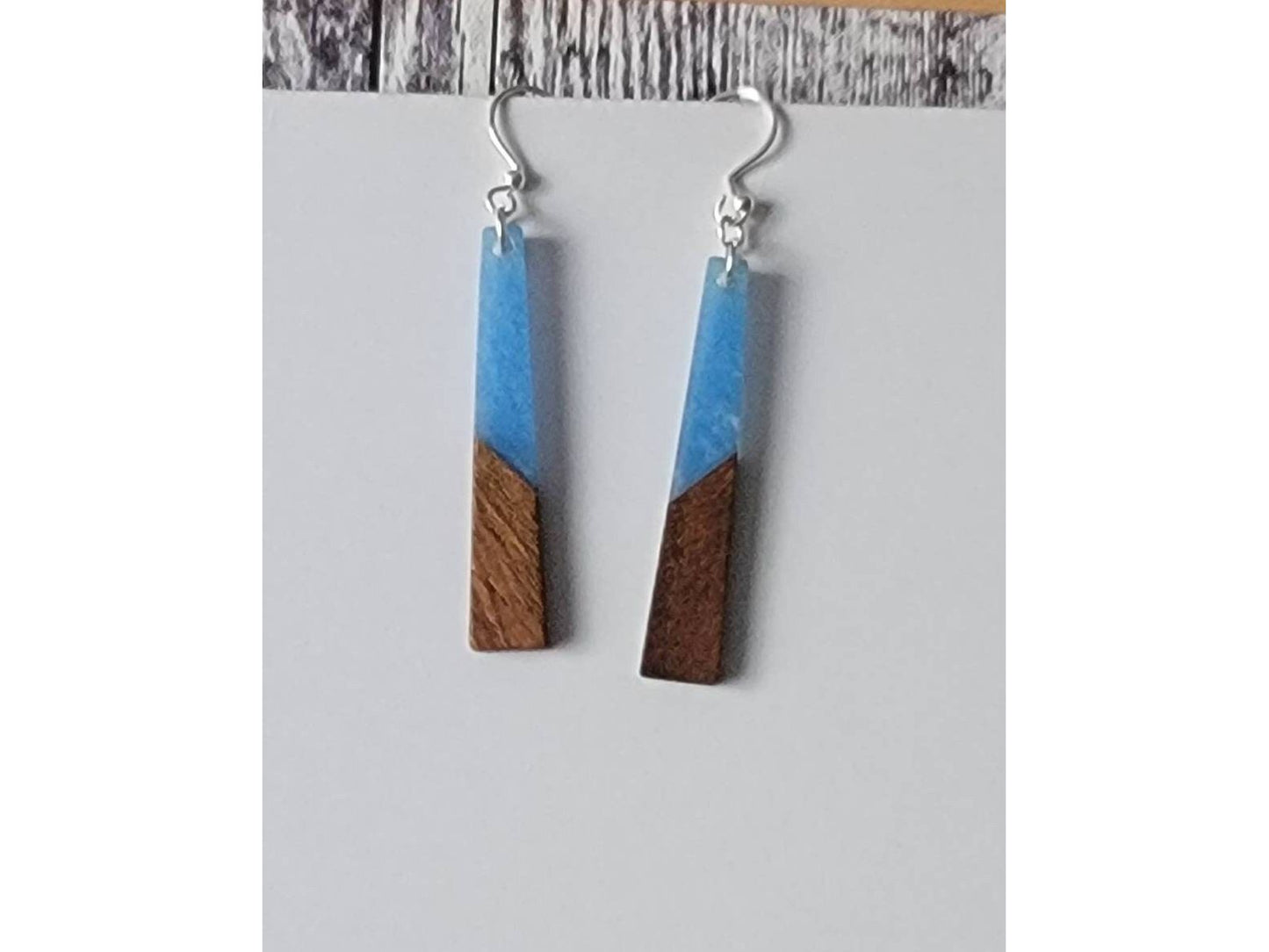 Long wood blue acrylic earrings, hypoallergenic ear wires