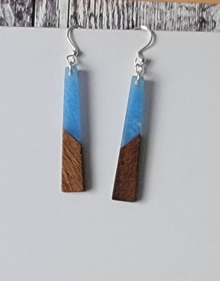 Long wood blue acrylic earrings, hypoallergenic ear wires