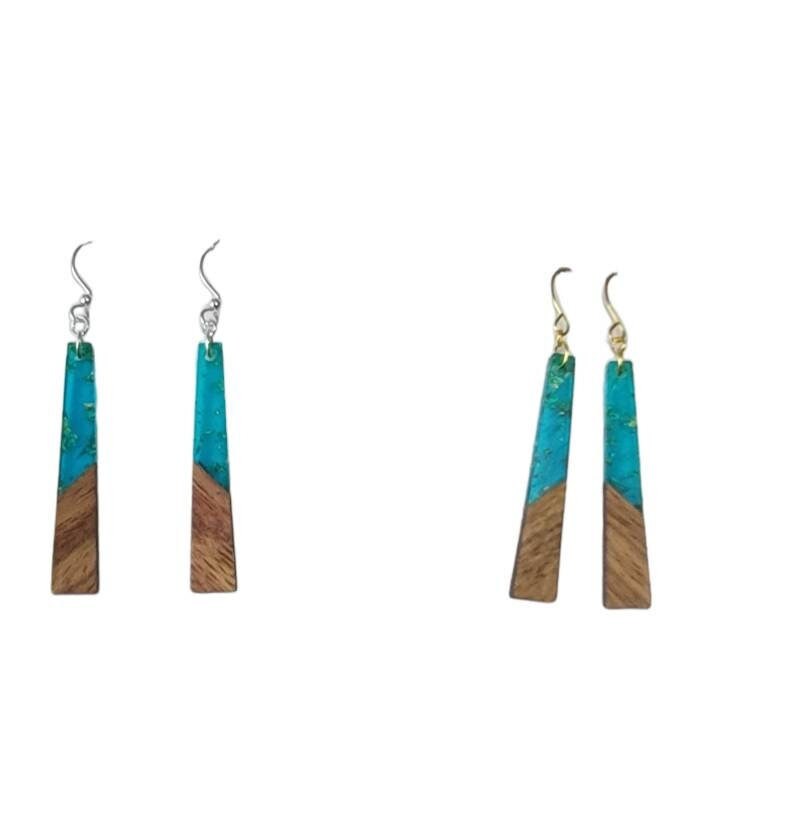 Long Wood Green Resin light weight earrings, hypoallergenic ear wires, Mother's day gift from kids