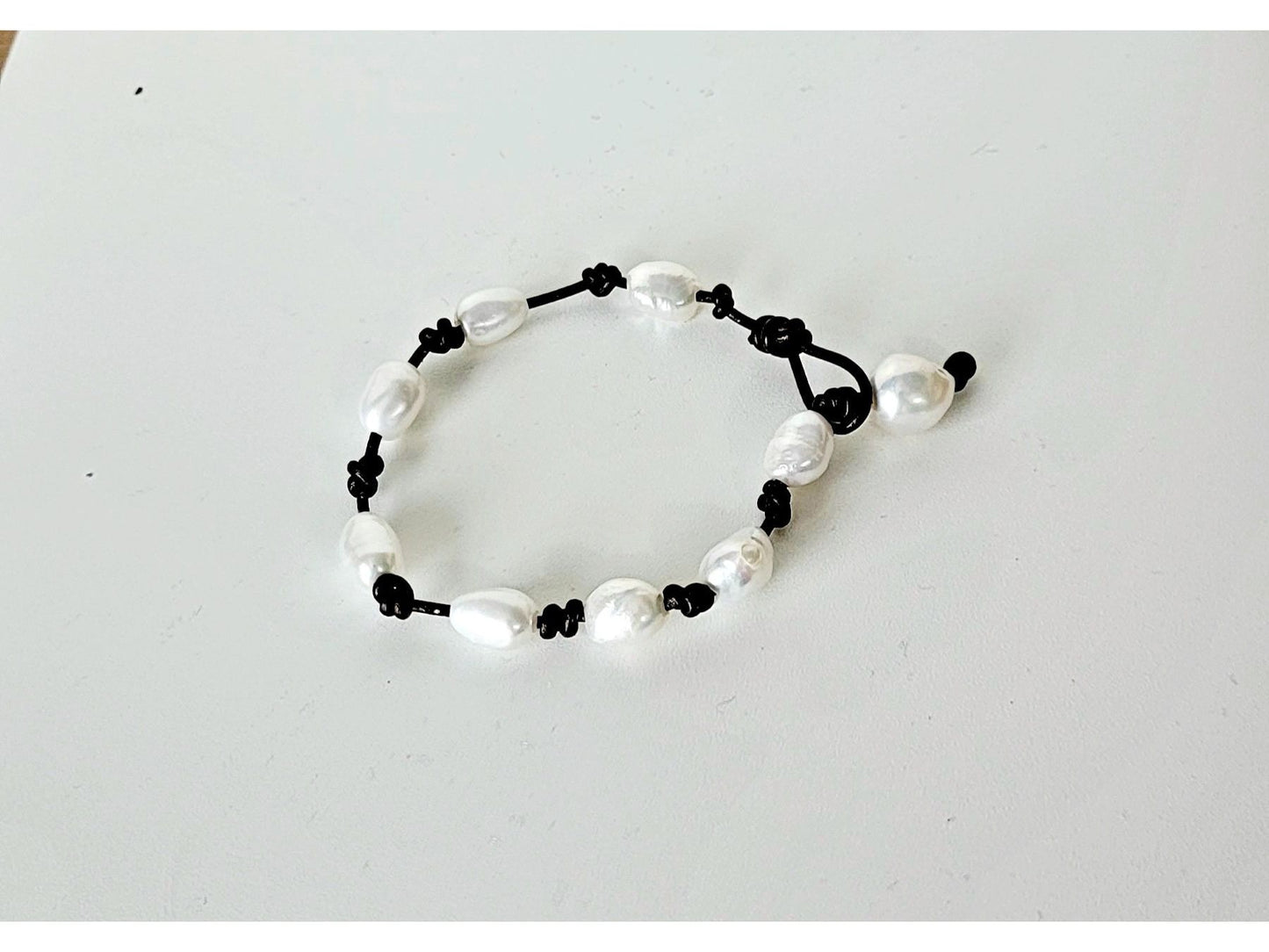 Knotted Leather Pearl Bracelet: Adjustable Tan Bracelet